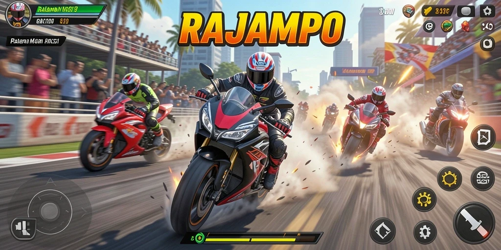 Tampilan utama gameplay RAJAMPO dengan balapan motor yang seru.