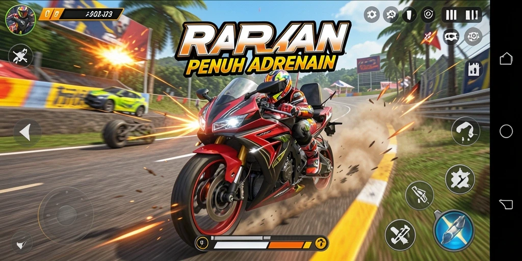 Tampilan gameplay RPRR yang penuh aksi di lintasan balapan.